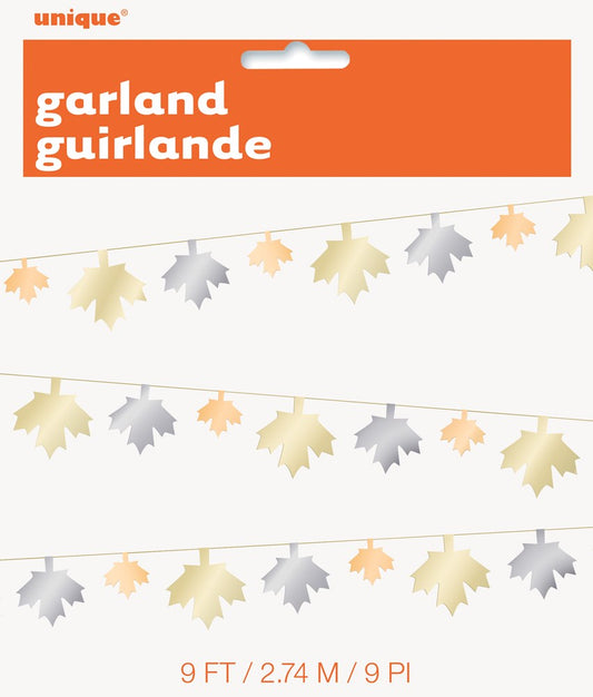 9-foot garland featuring metallic gold, silver, and bronze maple leaves on a thin string.