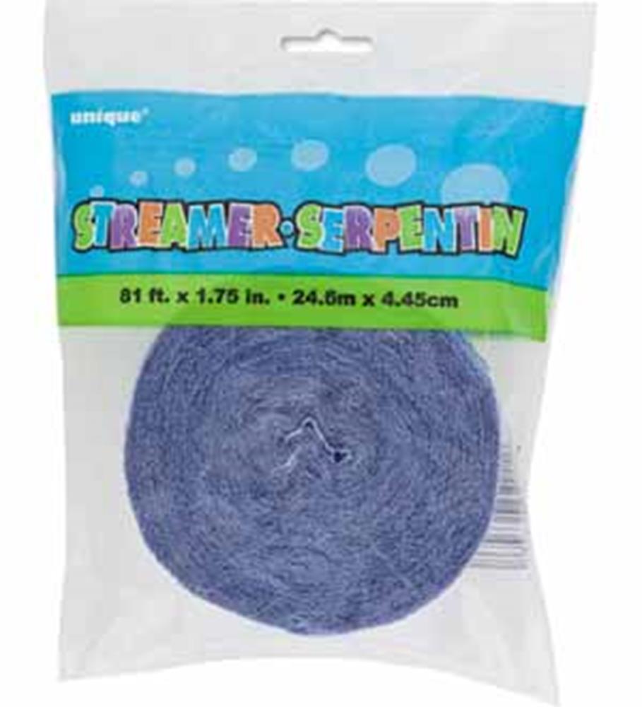 Roll of baby blue crepe paper streamer in clear packaging with colorful branding text.