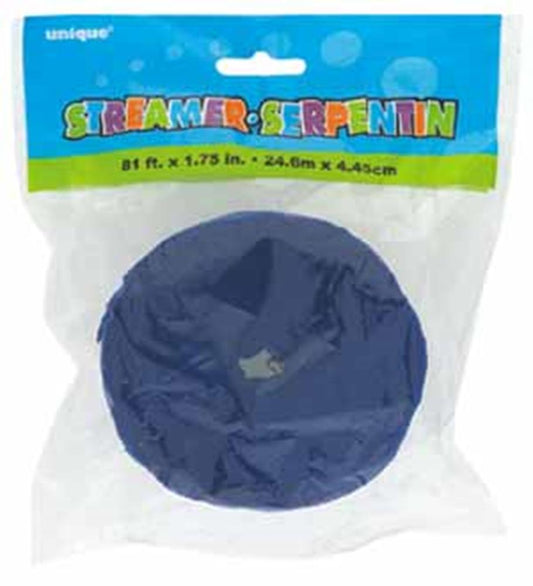 Roll of royal blue crepe paper streamer in clear plastic packaging with colorful label.