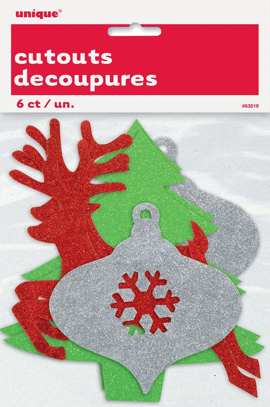 Red glitter reindeer antlers green glitter Christmas tree and silver glitter snowflake ornament cutout shapes in a pack of.