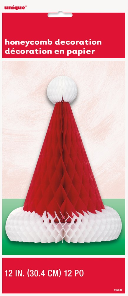 Red and white paper honeycomb Santa hat centerpiece with round white pom-pom on top, 12 inches tall.