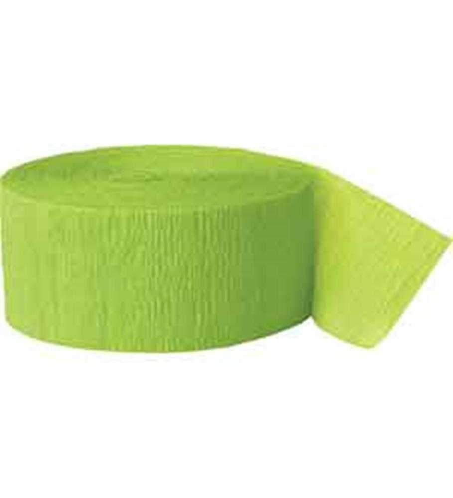 Bright green crepe paper roll with textured surface, partially unrolled on a white background.