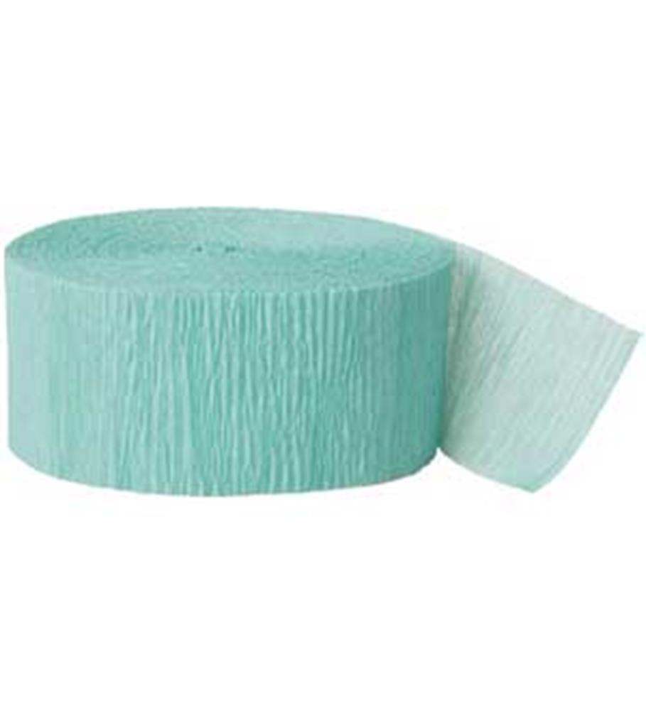 Seafoam green crepe paper streamer roll with textured, slightly crinkled surface.