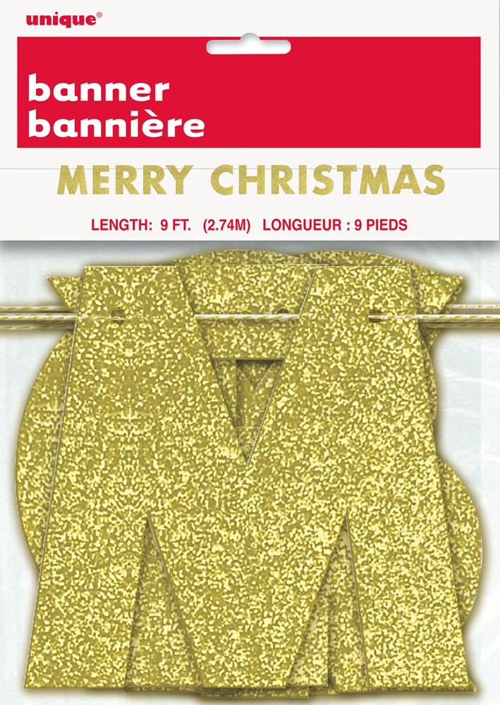 Gold Glitter Merry Christmas Banner 9ft