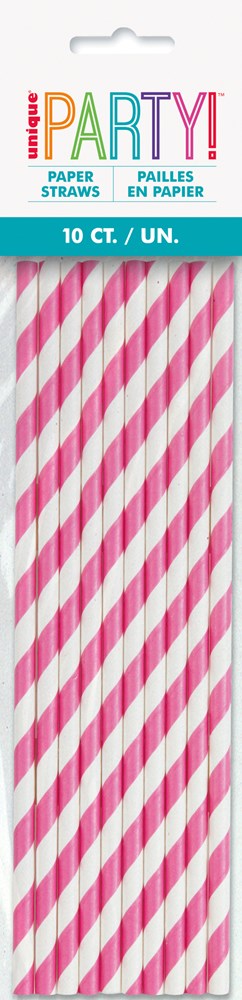 Pack of 10 hot pink and white diagonal striped paper party straws in clear packaging.