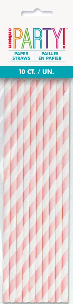 Set of 10 pink and white diagonal striped paper party straws in clear plastic packaging.