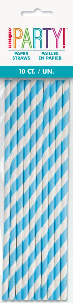 Set of 10 powder blue and white striped paper party straws in clear packaging.