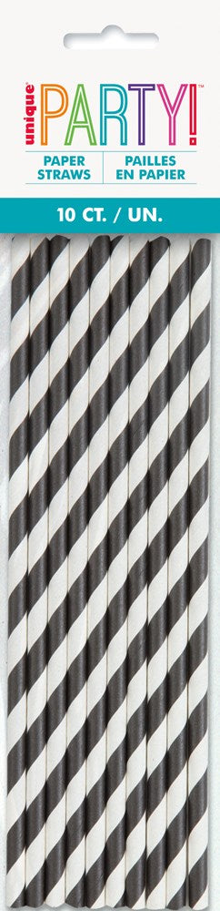 Set of 10 black and white diagonal striped paper party straws in clear packaging.
