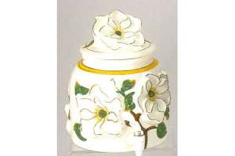 White ceramic jar with gold trim and raised white flower decorations, topped with a floral lid.