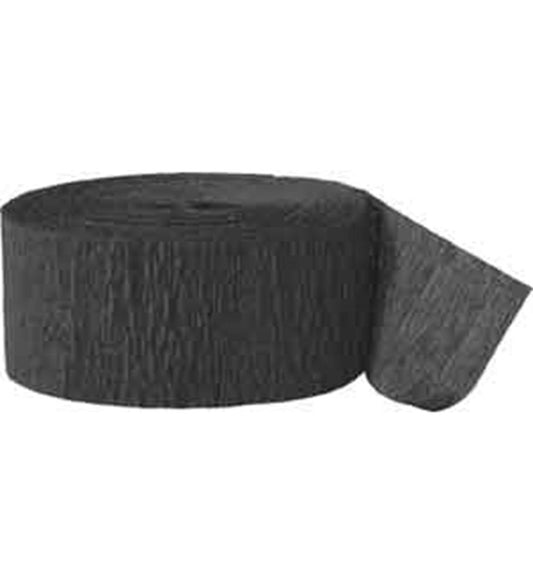 Black crepe paper streamer roll with textured surface and a partially unrolled end.