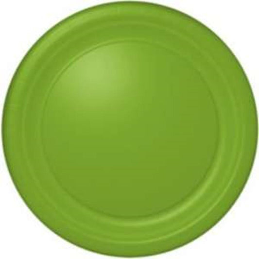 Round bright green plastic plate with a slightly raised rim and matte finish.