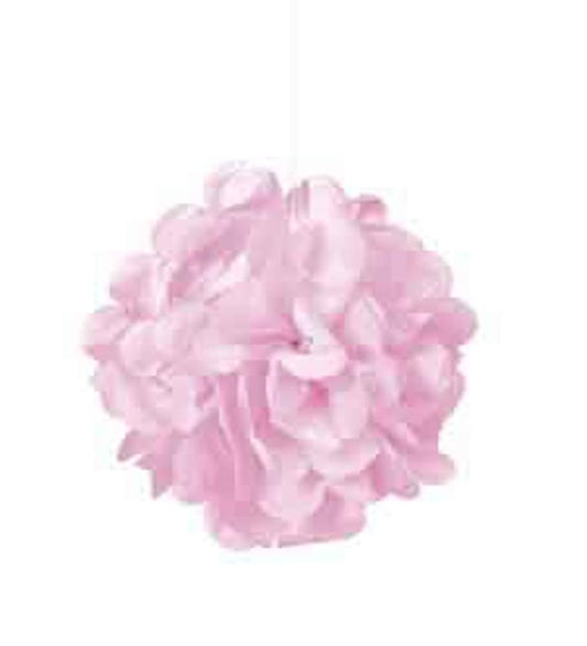 Set of three delicate pink tissue paper pom poms, 9-inch diameter, soft and fluffy decoration balls.