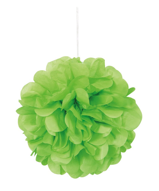 Three lime green tissue paper pom-poms, 9-inch round with fluffy layered petals, hanging decoration.