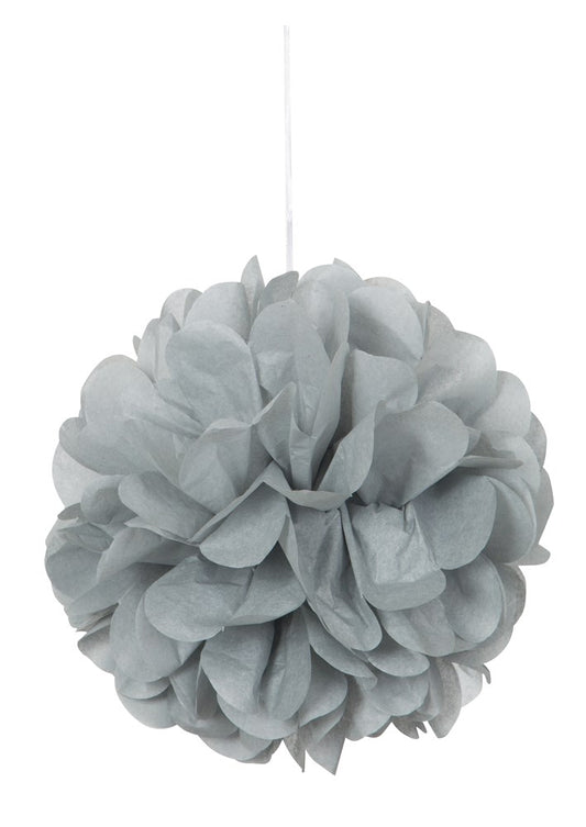 Silver tissue paper pom pom decoration with layered, fluffy petals hanging by a thin white string.