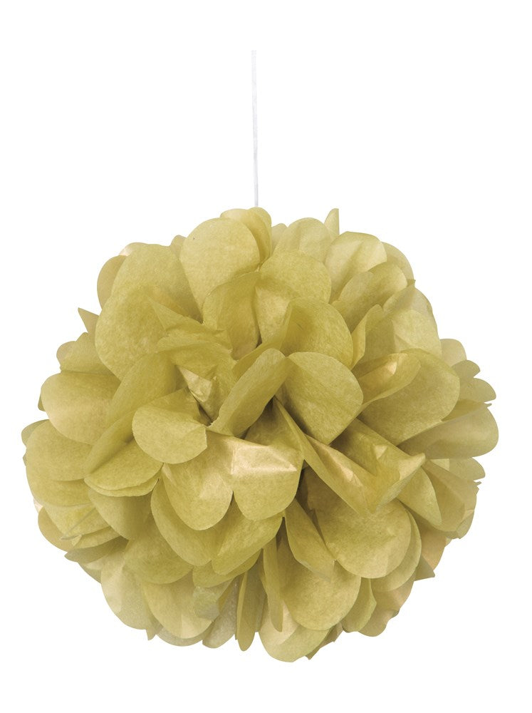 Set of three gold tissue paper pom-poms, each 9 inches, with layered petal design for hanging decor.