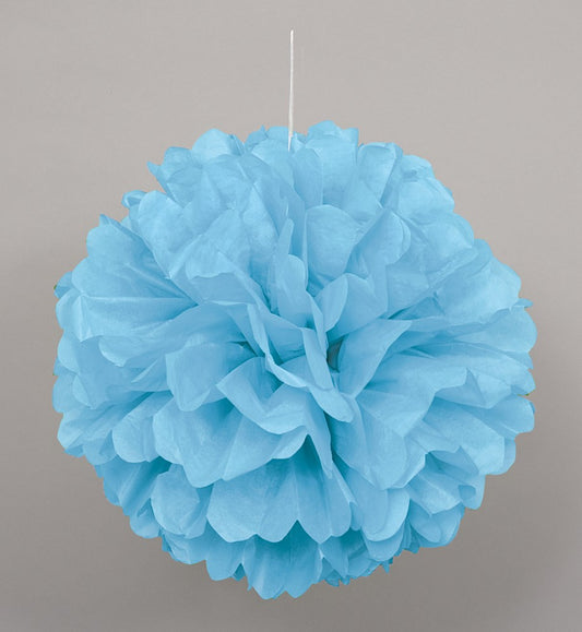 Powder blue tissue paper puff decoration with layered, ruffled petals and a hanging string.