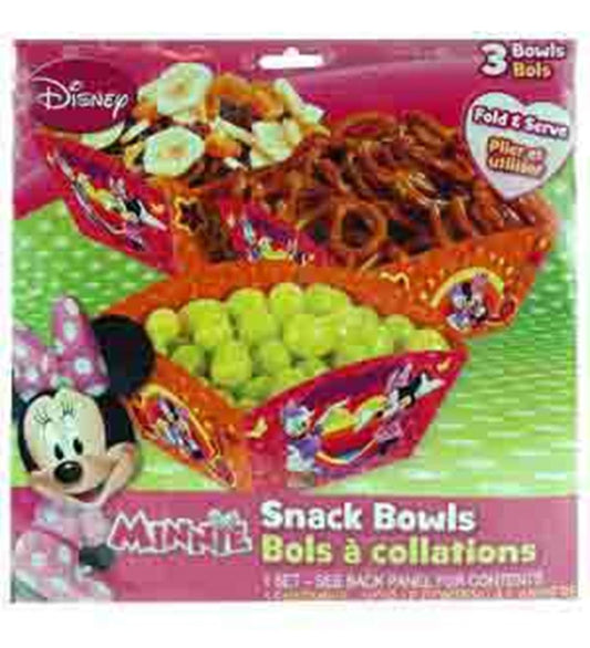 Set of three red foldable snack bowls featuring Minnie Mouse designs, perfect for kids’ parties.
