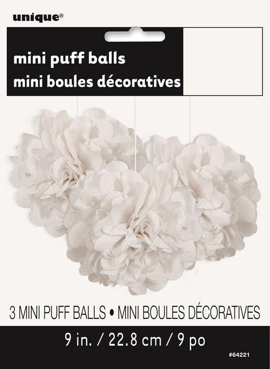 Three white tissue paper mini puff balls with layered, ruffled petals, 9 inches in diameter.