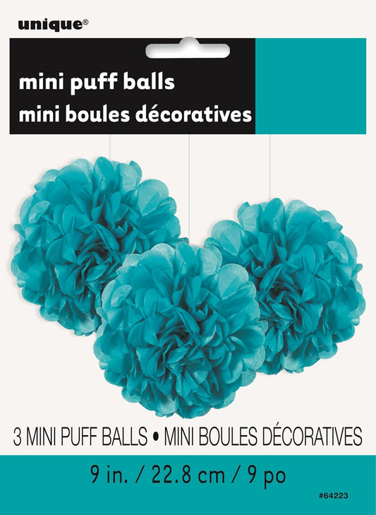 Three Caribbean teal 9-inch tissue paper puff balls with layered, ruffled texture for party decor.
