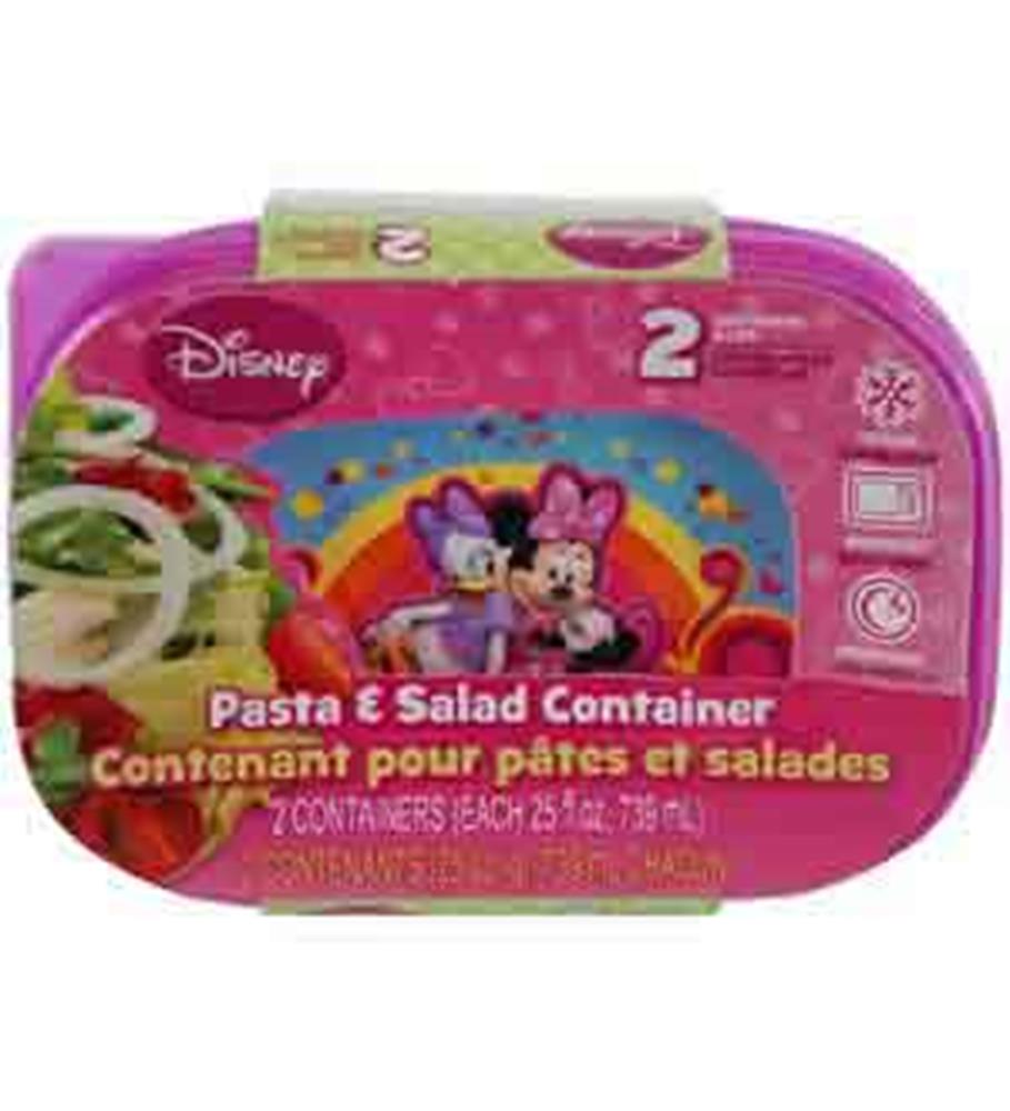 Pink plastic rectangular salad container with Minnie and Mickey Mouse graphic, includes two pieces.