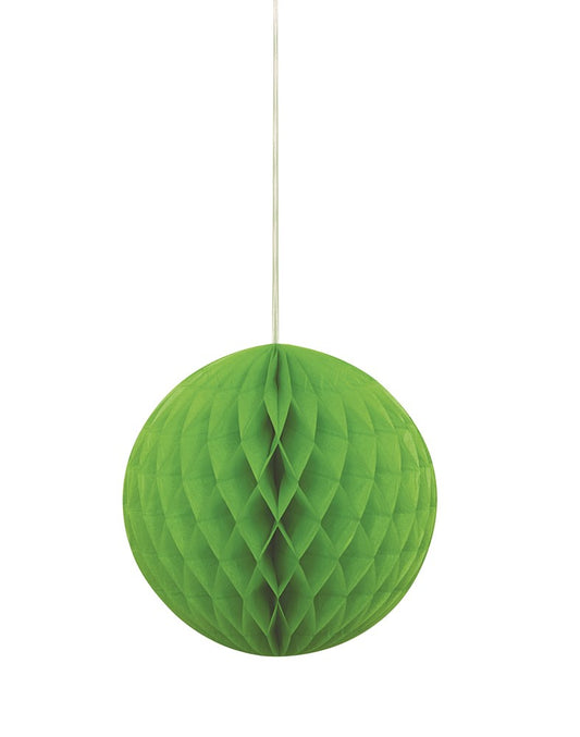 Lime green honeycomb paper ball decoration with 8-inch diameter hanging from string.