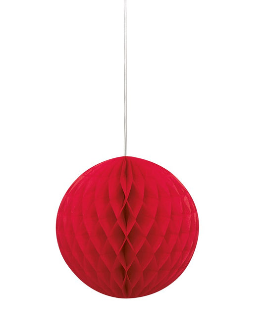 Red honeycomb paper ball with 8-inch diameter and hanging string for decoration.