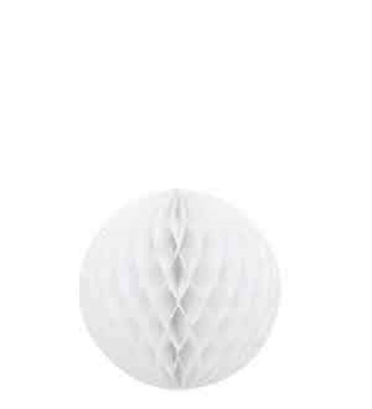 White paper honeycomb ball with a textured, layered design, 8-inch diameter.