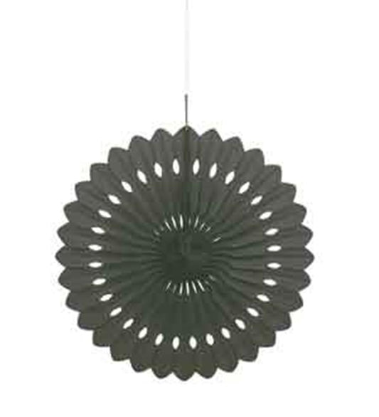 Black 16-inch decorative paper fan with scalloped edges and cutout patterns.