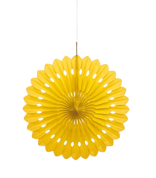Sunflower yellow circular tissue paper fan with scalloped edges and evenly spaced oval cutouts, hanging by white string.