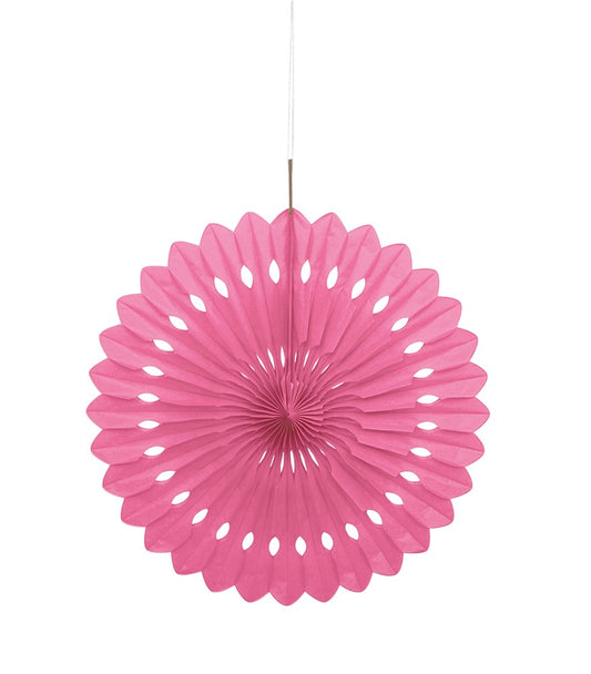 Hot pink round tissue paper fan with scalloped edges and cutout details, 16-inch diameter.