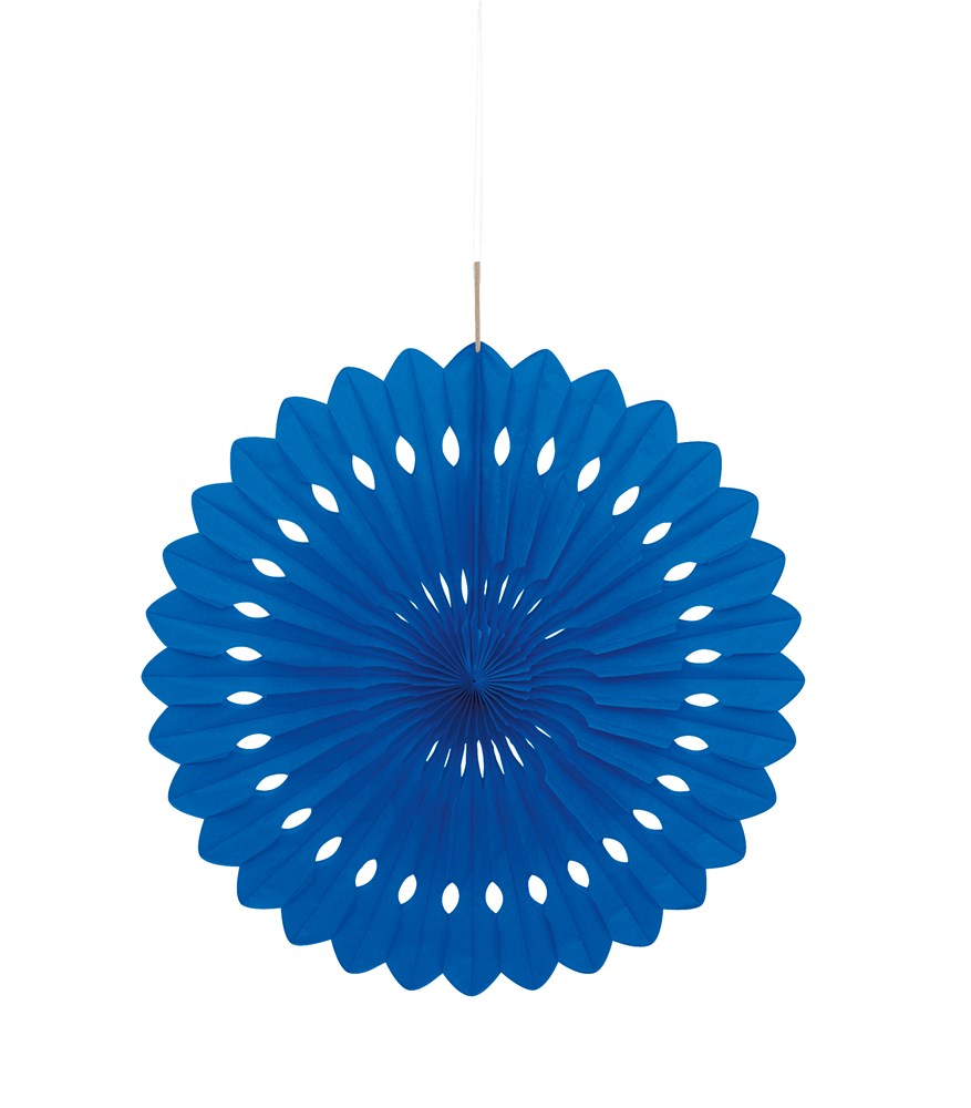 Royal blue 16-inch scalloped edge tissue paper fan with oval cutout accents hanging by white string.