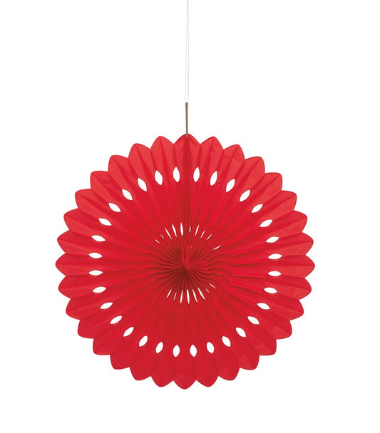 Ruby red circular tissue paper fan with scalloped edges and radial cut-out pattern, hanging decoration.