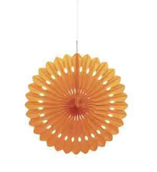 16-inch pumpkin orange paper fan decoration with scalloped edges and cutout details, hanging by string.
