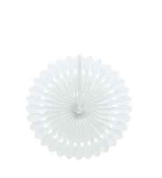White 16-inch round tissue paper fan with scalloped edges and a layered, pleated design.
