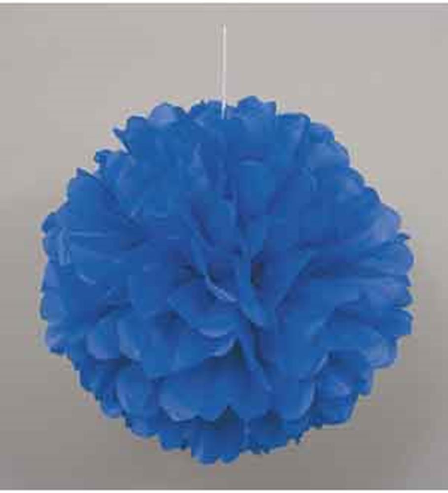 Royal blue 16-inch hanging tissue paper pom pom with layered, fluffy petals.