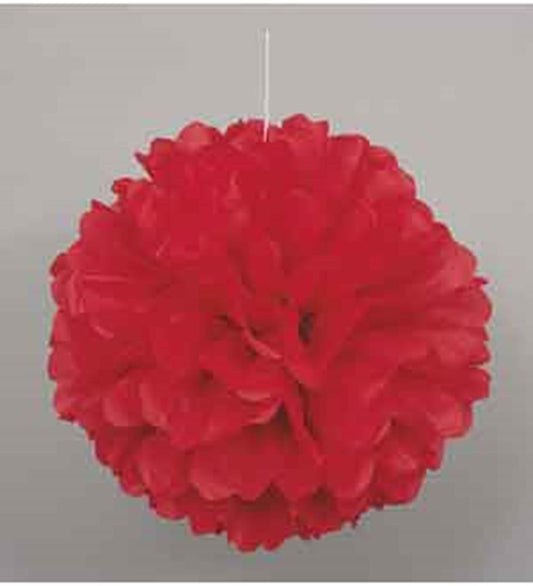 Red tissue paper pom-pom decoration with layered ruffled petals, 16 inches in diameter, hanging string attached.