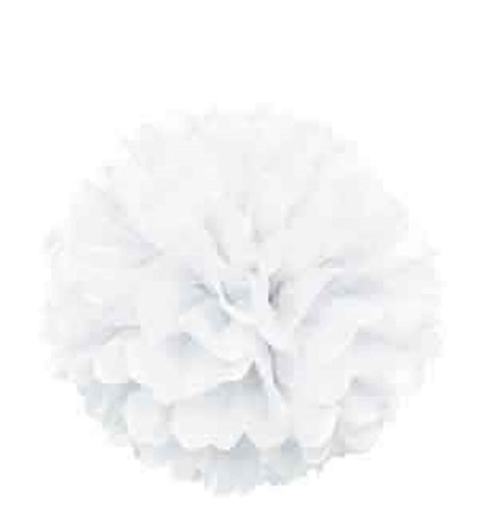 White 16-inch round tissue paper pom pom with layered, fluffy petals hanging decoration.