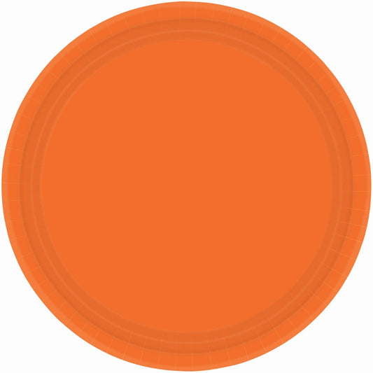 Large round orange plastic plate with subtle ridged edge design.