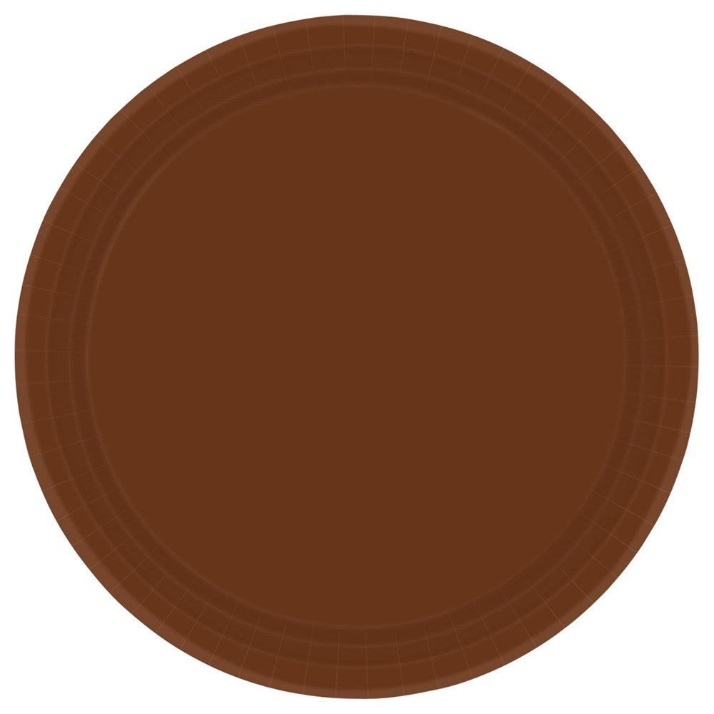 Large round brown plate with a smooth matte finish and subtle raised rim detailing.
