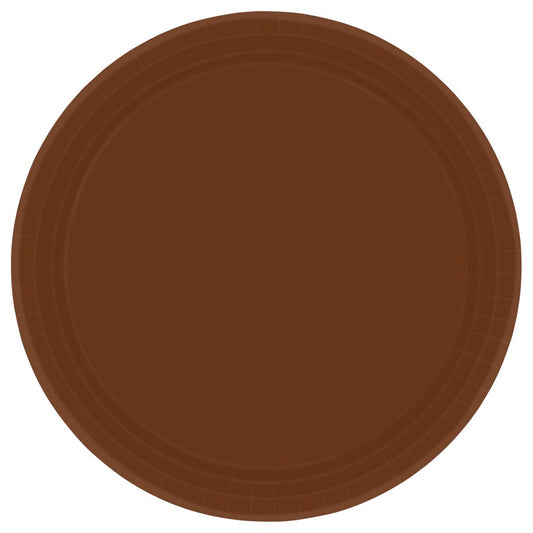 Large round brown plate with a smooth matte finish and subtle raised rim detailing.