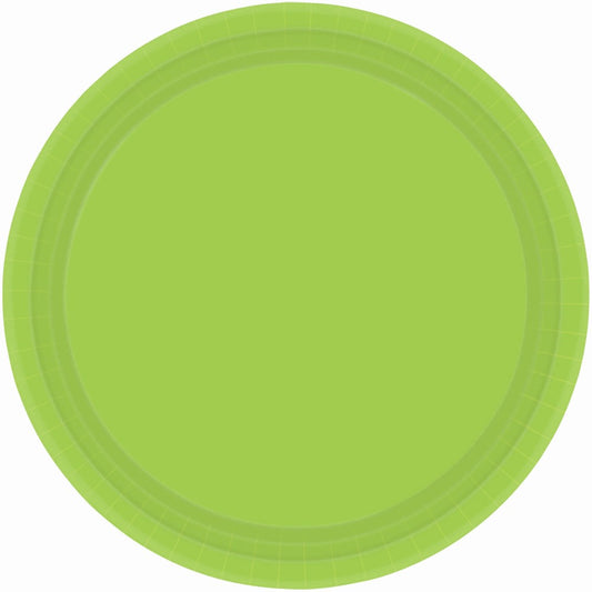 Round lime green plastic plate with raised edge and matte finish.