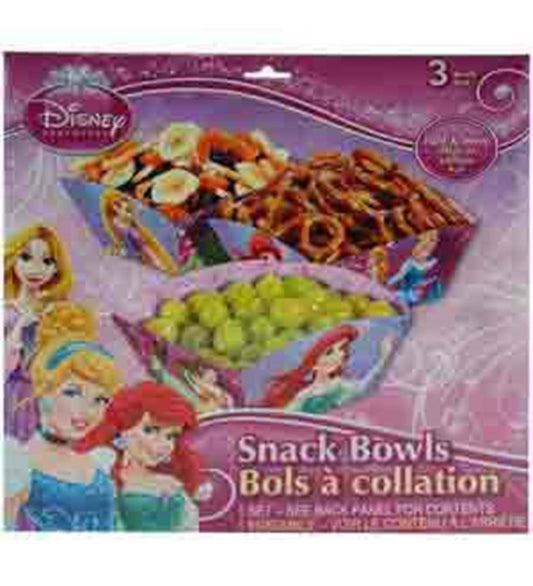 Three colorful Disney Princess-themed snack bowls featuring Ariel, Cinderella, and Rapunzel, made of durable plastic with.