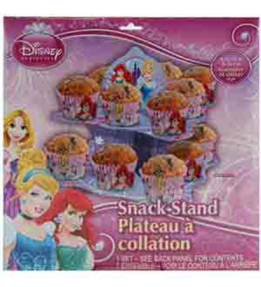 Two-tiered pink snack stand decorated with Disney princess images, holding cupcakes.