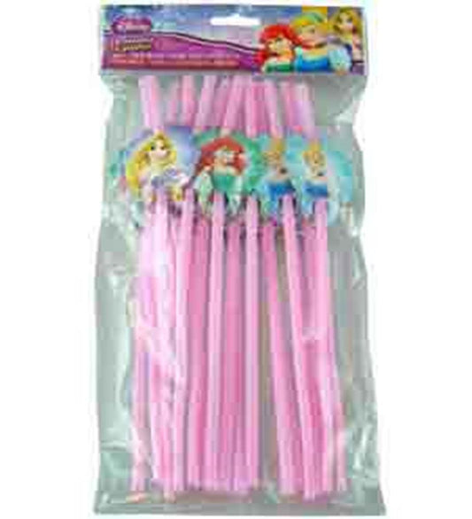 Pack of 18 pink plastic straws featuring Disney princess images on bends.