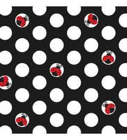 Black napkin with large white polka dots and small red ladybugs scattered throughout.
