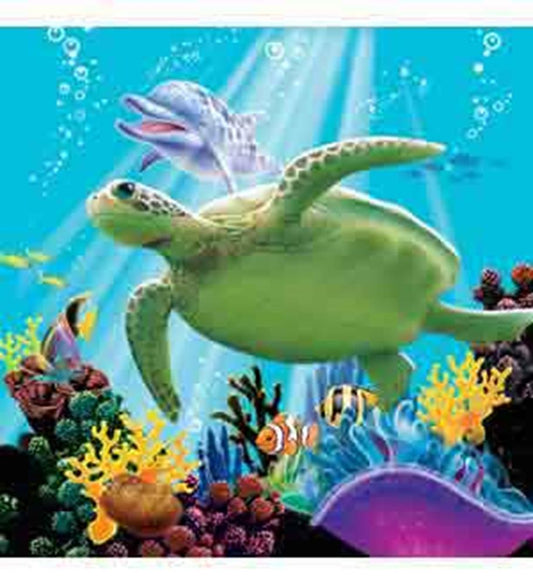 Small square napkin with colorful underwater scene featuring a green sea turtle, a blue dolphin, clownfish, coral, and.