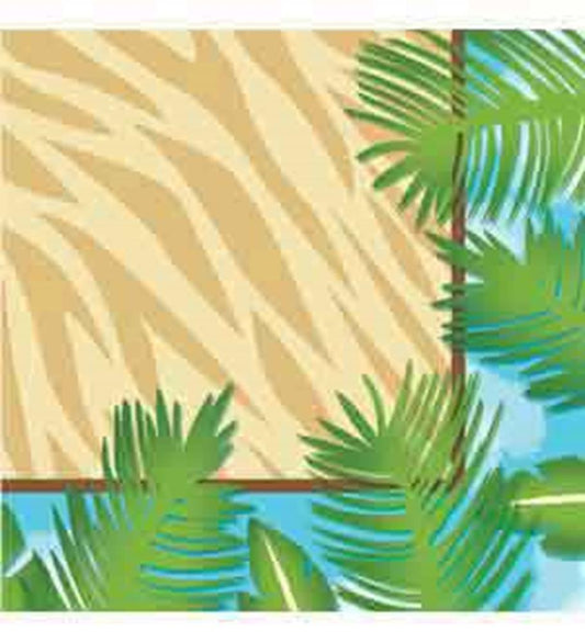 Square beige napkin with tiger stripe pattern and green tropical leaves border on blue background.