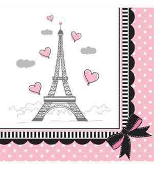 Square pink and white napkin with Eiffel Tower, hearts, polka dots, and black bow design.