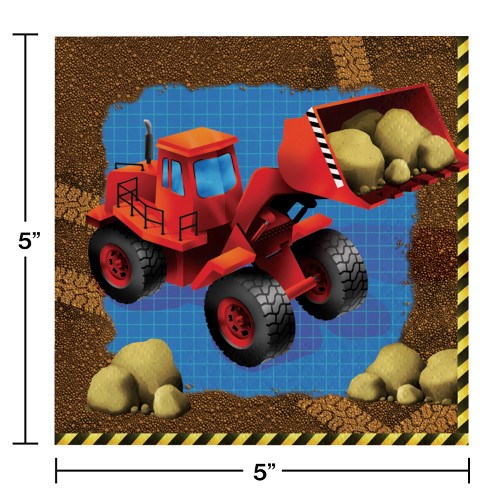Square kid’s napkin with red construction dump truck carrying dirt piles on blue and dirt background.