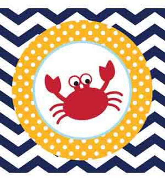 Small square napkin with navy blue and white chevron background, yellow polka dot circle, and a red cartoon crab in the.